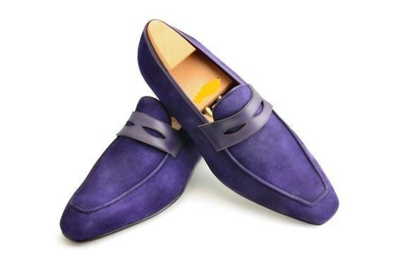 Men's Purple Penny Loafer Moccasin Slip On Genuine Suede Leather Shoes US 7-16