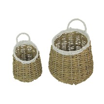 Set of 2 Natural and White Hand-Woven Seagrass Round Baskets Bohemian Decor - £27.82 GBP