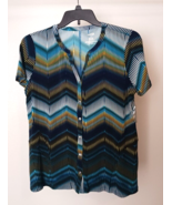EAST 5TH BLOUSE WOMEN&#39;S LARGE Short Sleeve Chevron Pattern Green Aqua Gold - $38.69 CAD