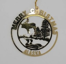 Vtg Nation&#39;s Treasures Ornament Season&#39;s Greeting Alaska 24k Gold Brass - £7.65 GBP