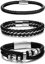 Jstyle 3Pcs Stainless Steel Braided Leather Bracelet for Men Women Leather Wrist - £12.85 GBP+