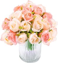 CEWOR 24 Heads Artificial Rose Flowers Bouquet Silk, 2 Packs Champagne and Pink - £9.43 GBP