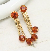 Vintage Signed Sarah Coventry Cov Amber Chain Drop Clip On EARRINGS Jewellery - £19.16 GBP