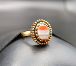 Vtg 10KT Gold Fill Ring w/ Oval Orange &amp; White Banded Stone Cabachon Adj... - $24.99