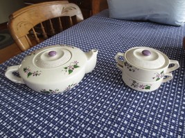 5-Pc. 1957 Heiss Pottery Violet Osmola Teapot, Sugar &amp; Creamer w/ 2 Lids - £23.72 GBP