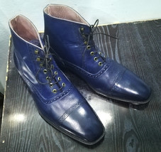 Handmade Men&#39;s Blue Cap Toe Leather Ankle Boots, Men Fashion Designer Boots - £127.88 GBP+