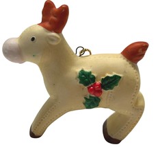 Homco Reindeer Christmas Tree Ornament 2.5 Inch Long Vintage Deer Holly - £7.82 GBP