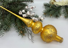 Big gold with gold glitter Christmas glass tree topper, Christmas finial - $23.35