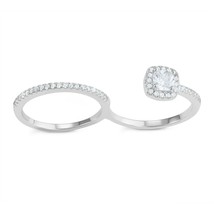 Sterling Silver CZ Band and Open Square CZ Double Finger Ring - £37.21 GBP