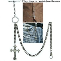 Albert Chain Silver Pocket Watch Chain for Men Religious Cross Fob T Bar ACT114 - £9.19 GBP+