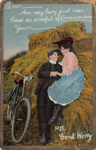 I Am Very Busy Just NOW-P.S Don&#39;t WORRY-BICYCLE-COUPLE-ROMANCE-HAY~1911 Postcard - £8.02 GBP