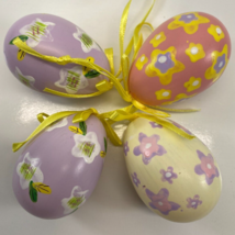 Vintage Lot of 4 Hand Painted Floral Purple Yellow Hanging Easter Eggs - £15.56 GBP