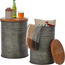 Glitzhome&#39;S Farmhouse End Table, Toy Box Bin With Round Wood Lid, Galvanized - £95.74 GBP