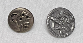 2 Antique Round Metal Dress Buttons Sickles w Wheat Grain Silver &amp; Gold ... - $7.43