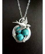 SILVER BIRD AND NEST WITH TURQUOISE EGGS PENDANT - £7.97 GBP