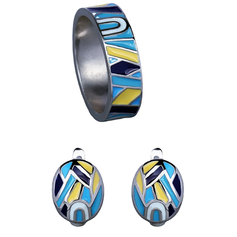 Classic Jewelry Set for Women Pure Fashion Blue Flower Enamel Earrings Ring Set  - £13.73 GBP