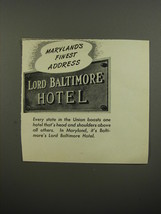 1953 Lord Baltimore Hotel Ad - Maryland&#39;s finest address - £14.78 GBP