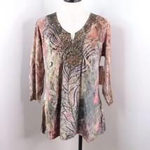 One World Women&#39;s L Velvet Velour Colorful Crochet Rhinestone Feather Tunic Top - £13.90 GBP