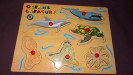Puzzle Oceans Creature 1 Wooden Peg Tray Toddler Turtle Dolphin Whale Seal - £6.90 GBP
