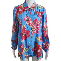 NEW John Mark Med. Floral Print Button Front Blouse Smocked 3/4 Sleeve Blue Pink - £27.82 GBP