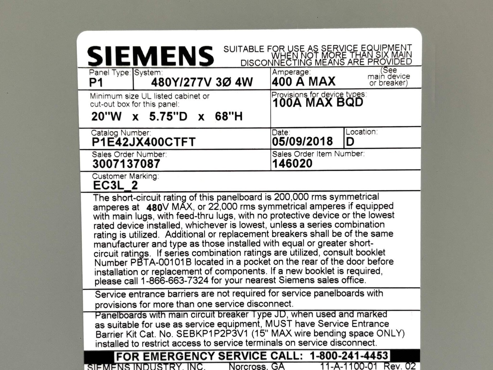 Siemens P1E‑42 400 A Panelboard Interior – 42 Circuit, 277/480 V Item image 8