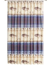 Fly Fishing Shower Curtain Rod Reel Lures Fish Lodge Blue Plaid Tan 72&quot; sq. NEW - $43.67