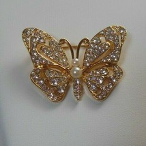 Vintage Clear Pave Rhinestone Faux Pearl Butterfly Brooch - £14.73 GBP