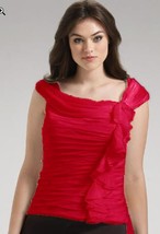 Tadashi Shoji Ruched &amp; Ruffled Silk Top Sz 6 Red - £48.92 GBP