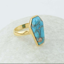 New Blue Copper Turquoise Coffin Shape Gemstone Silver Ring 14K Gold Plated ring - £110.80 GBP