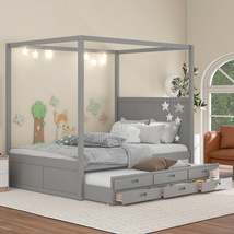 Queen Size Canopy Platform Bed with Twin Size Trundle and Three Storage ... - £383.69 GBP