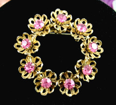 PINK RHINESTONE Flower Blooms BROOCH Vintage Pin 1 1/2&quot;  Goldtone Floral... - £13.42 GBP
