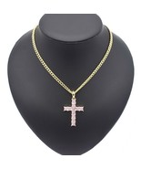 18k Layered Real Gold Filled Miami Cuban Chain with Hip Hop cross ping s... - $26.45 CAD