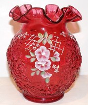 Fenton Art Glass Cranberry Embossed Roses Hand Painted C Griffiths 6 1/2&quot; Vase - £103.75 GBP