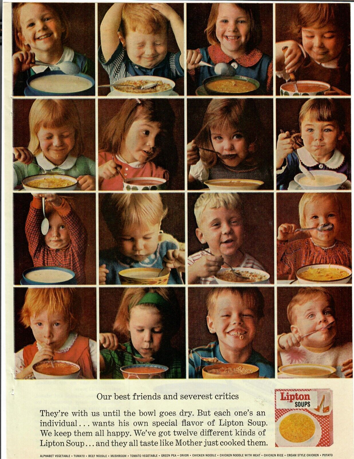 1963 Lipton Soup Vintage Print Ad Cute Kids Eating Best Friends Severest Critics - $12.55