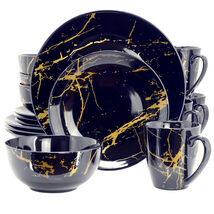 Elama Fine Marble 16 Piece Porcelain Dinnerware Set in Dark Blue with Go... - $83.94