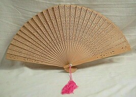 Wooden Asian Oriental Japanese Fan Hand Carved Wood Pink Tassel Original... - $19.79