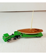 Vintage Yatming Green Semi Truck Diecast Toy Hauling Plastic Boat w/ Mast - £31.72 GBP