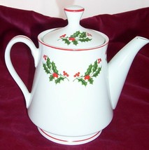 Coffee Pot CHRISTMAS HOLLY BERRIES RED TRIM FINE CHINA SERVER JAPAN WINTER - £20.53 GBP