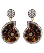 Ammonite Gemstone 14k Gold Pave Diamond Dangle Earrings 925 Silver Vintage Style - £558.91 GBP