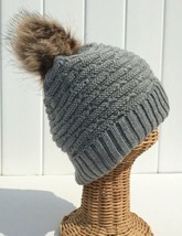 Winter Thick Warm Lined Knit With Faux Fur Pom Stretchy Beanie Ski Hat Gray #H F - £20.83 GBP