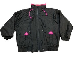 90s Vintage Nylon Jacket Womens Large Black Retro Neon Pink Skiwear Mixed Blues - $58.29