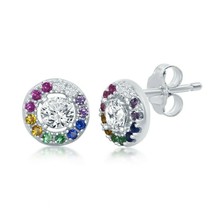 Sterling Silver Center Clear and Bordered Rainbow CZ Round Stud Earrings - £22.72 GBP+