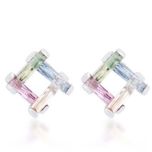 Precious Stars Silvertone Multicolor Cubic Zirconia Overlapping Square Earrings - £29.26 GBP