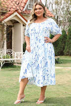 Sky Blue Floral Print Sweetheart Neck Plus Size Midi Dress - $40.99+