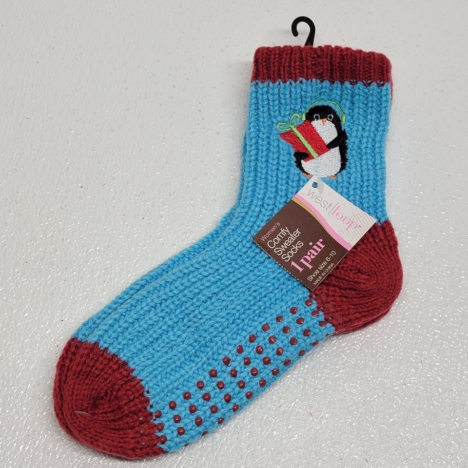 West Loop Women&#39;s Size 6 - 10 Blue Knit Penguin Slipper Socks w/ Grippers - $12.54