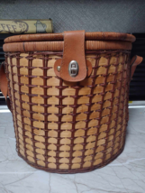Vintage 1970s Woven Rattan And Wicker Half Circle Picnic Basket With Plastic  - £115.48 GBP