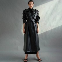 Women Long Sleeve Extra Long Oversized Black PU Faux Leather Trench Coat With Be - £83.13 GBP