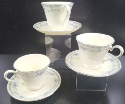 (3) Minton Bellemeade Cups Saucers Set Vintage Blue Floral Platinum Engl... - $29.67