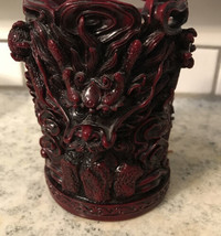 Vtg Chinese Carved Red  Resin Zodiac Dragon Vase Cup Feng Shiite Very Details - $88.20