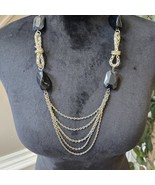 Womens Fashion Black Gemstone Silver Tone Chain Necklace with Lobster Clasp - $37.91 CAD